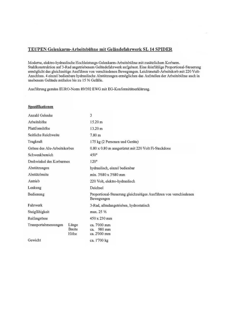 Arbeitsbühne Teupen SL 14